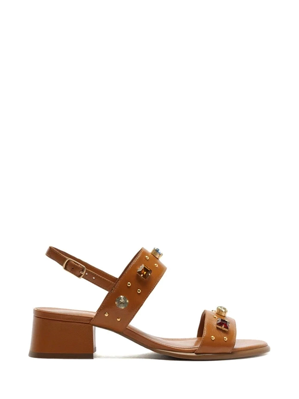 Sandalo in pelle marrone con strass