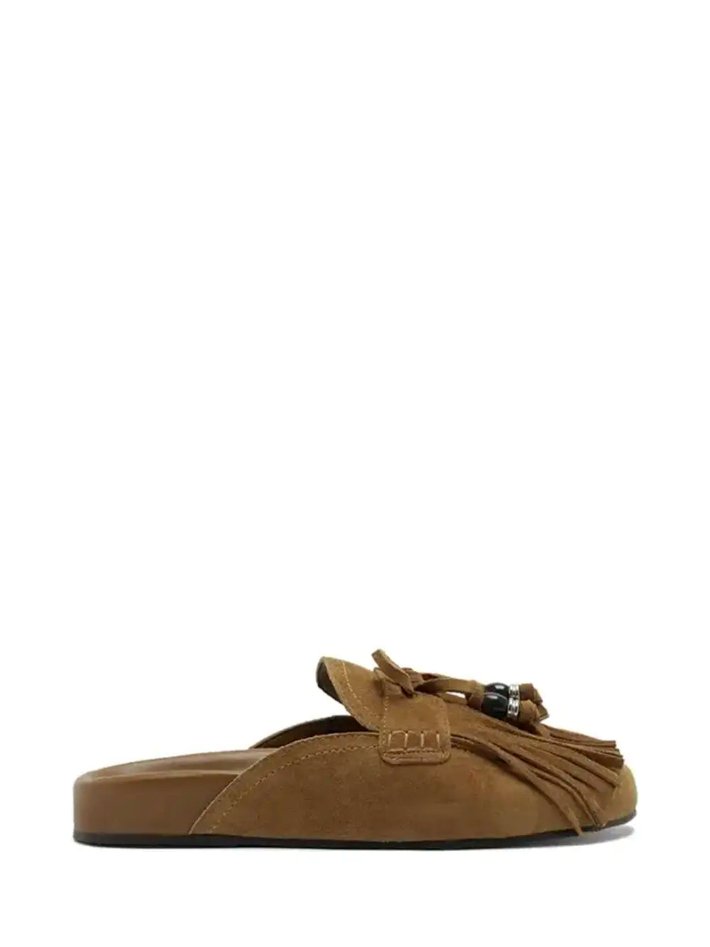 Mule in camoscio marrone e frange