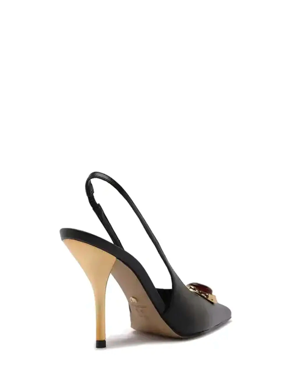 Black Leather Pointed Toe Pump with Stone Detail