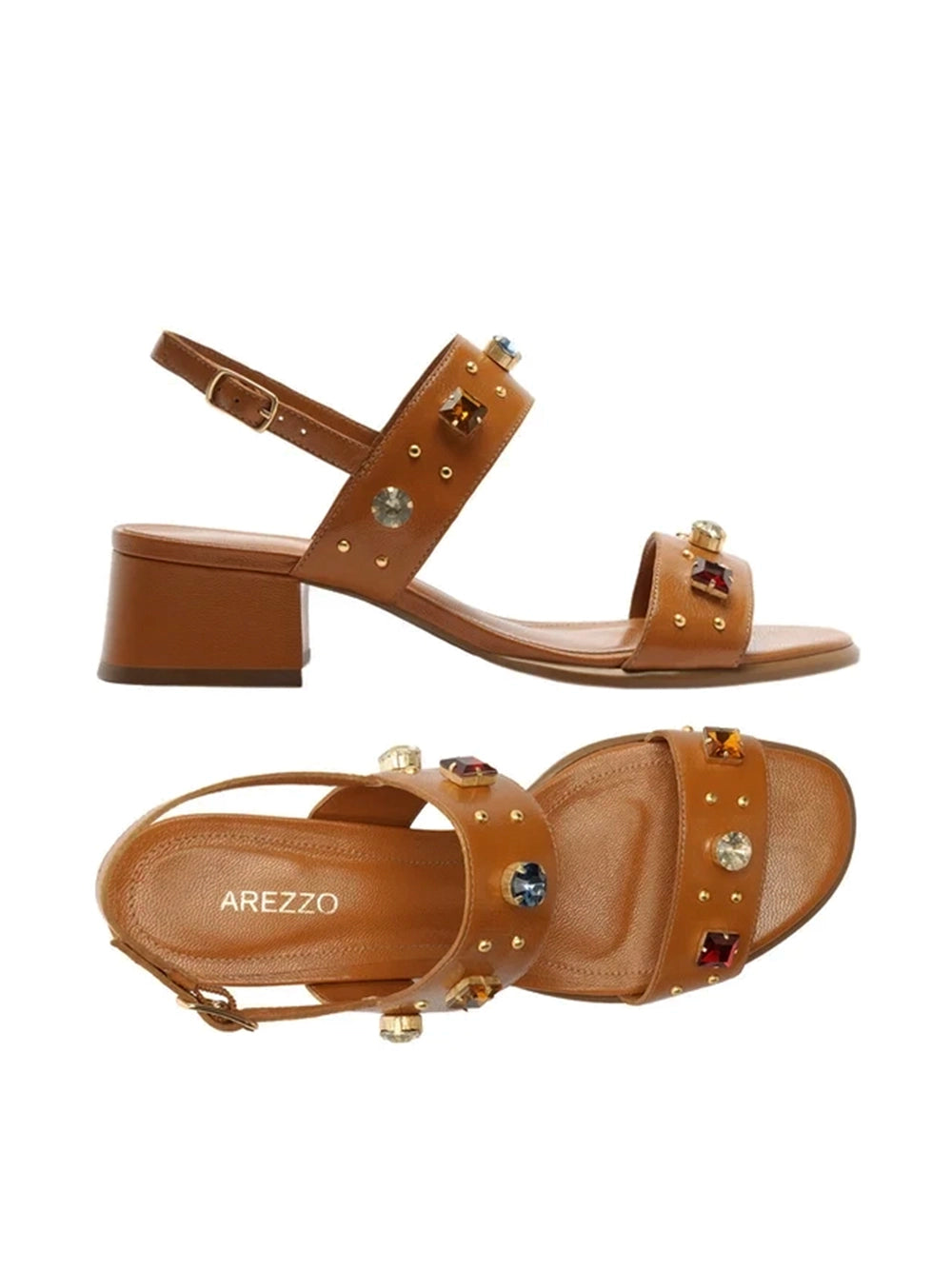 Sandalo in pelle marrone con strass
