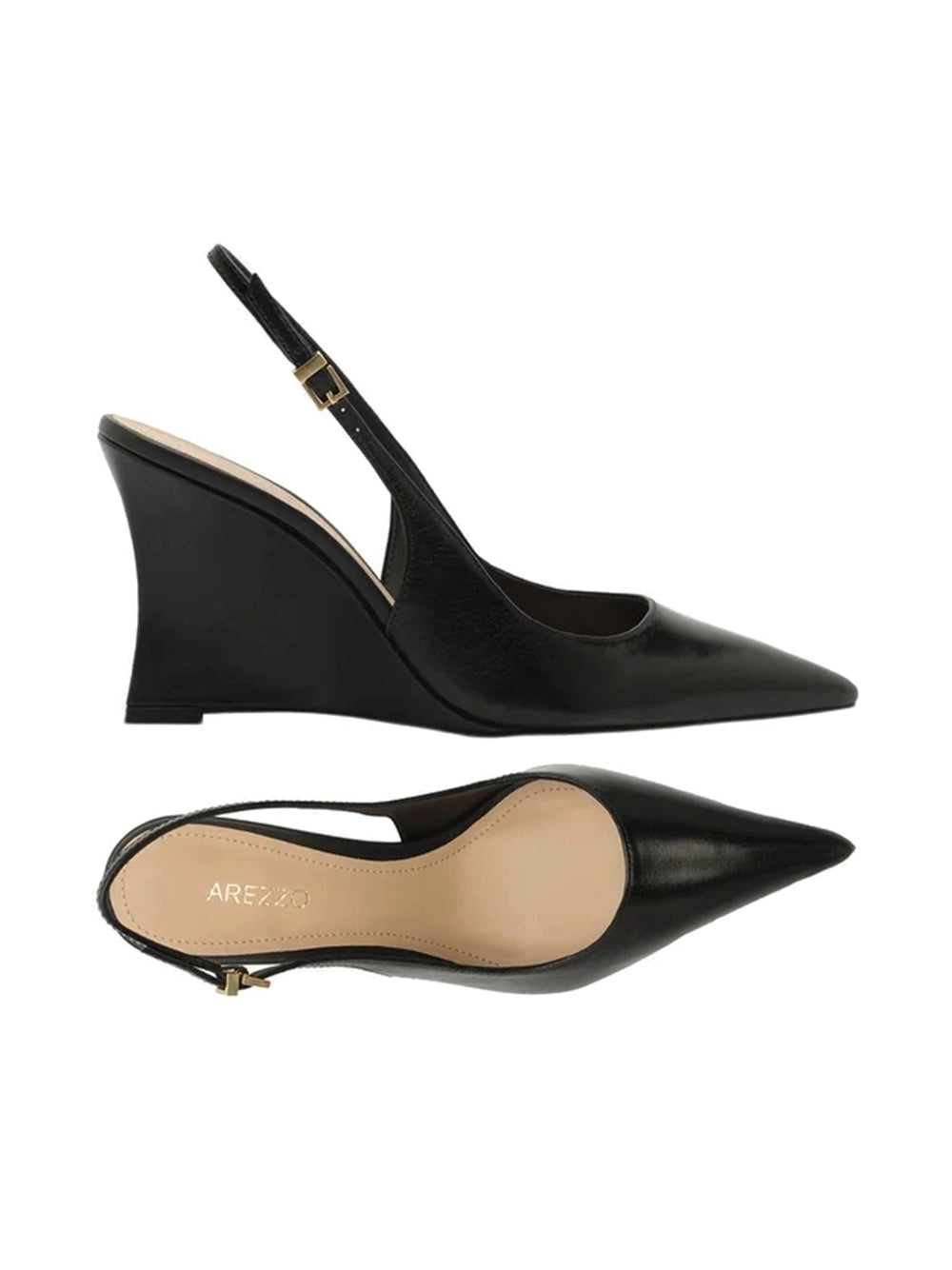Black Leather Wedge Heel Court Shoes