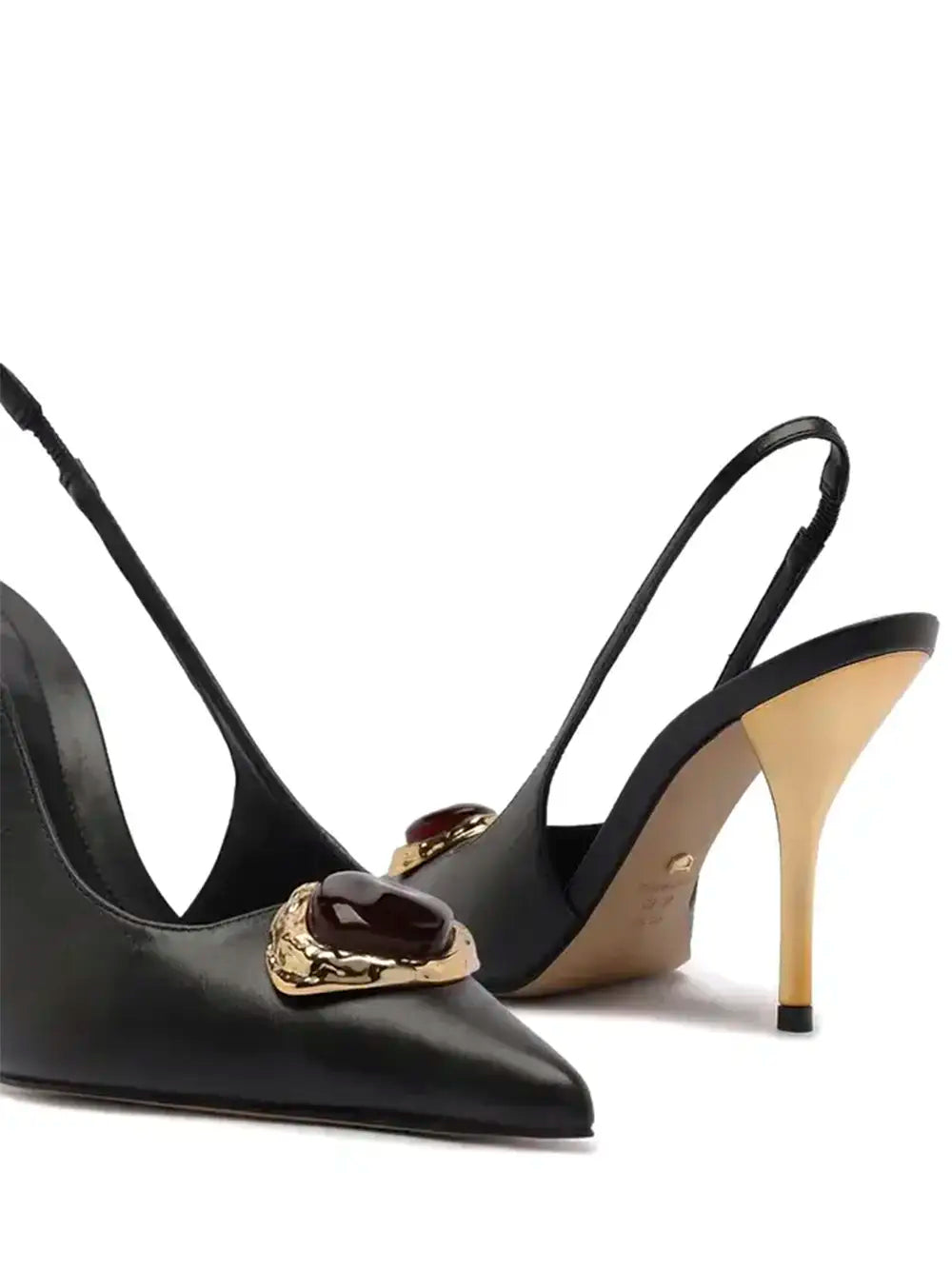 Black Leather Pointed Toe Pump with Stone Detail