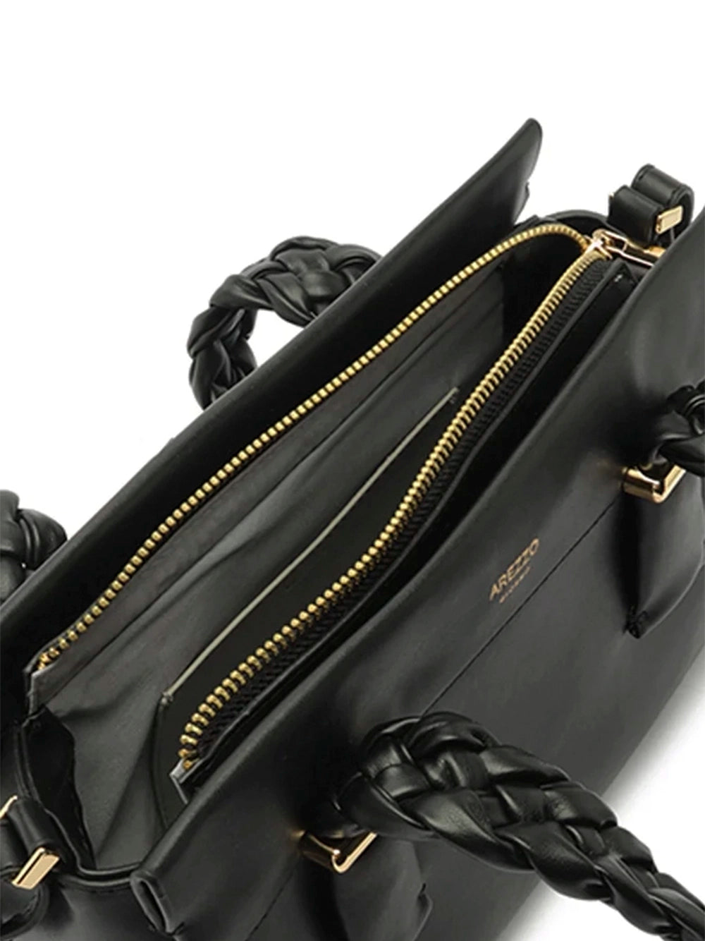 Black Leather Tote Bag with Braided Handles