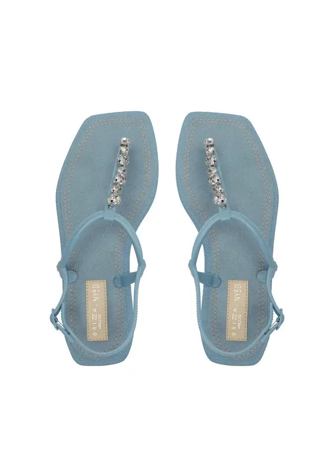 Sandalo in Pelle Blu e Fascetta con Strass